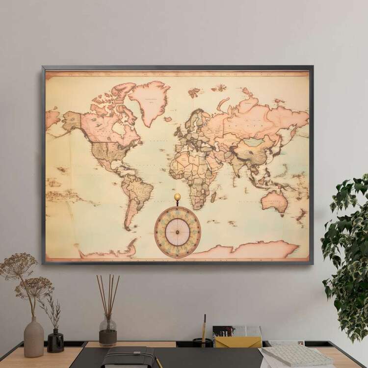 Quadro Decorativo Mapa do Mundo com Bssola em Cores Pastis