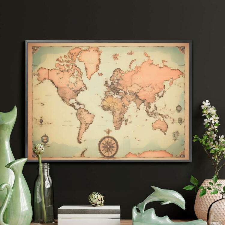 Quadro Decorativo Mapa do Mundo com Bssola em Cores Pastis Estilo Retr