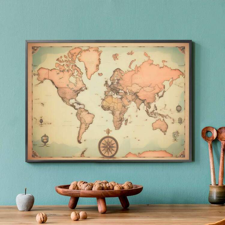 Quadro Decorativo Mapa do Mundo com Bssola em Cores Pastis Estilo Retr