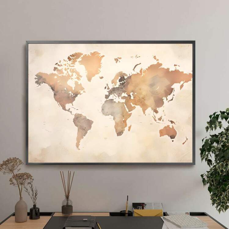 Quadro Decorativo Mapa do Mundo em Tons de Marrom Suave