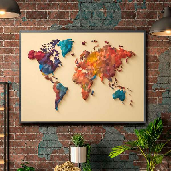 Quadro Decorativo Mapa do Mundo Estilo Geomtrico em Cores Intensas