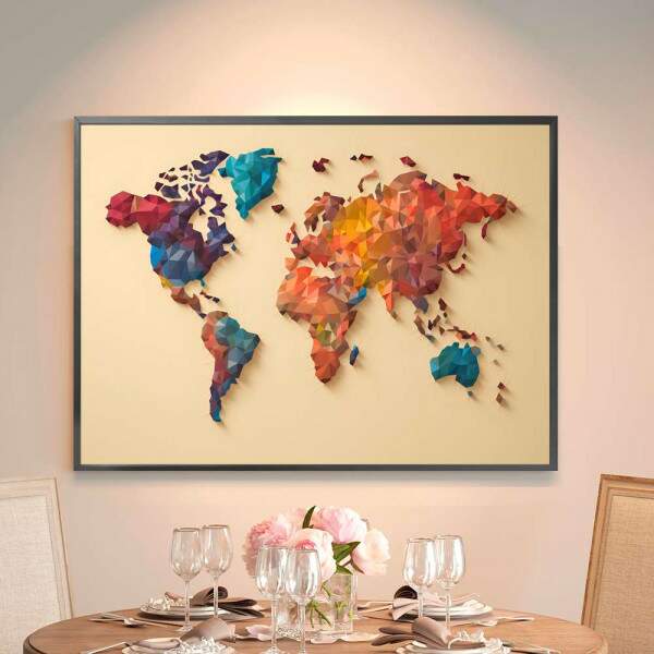 Quadro Decorativo Mapa do Mundo Estilo Geomtrico em Cores Intensas