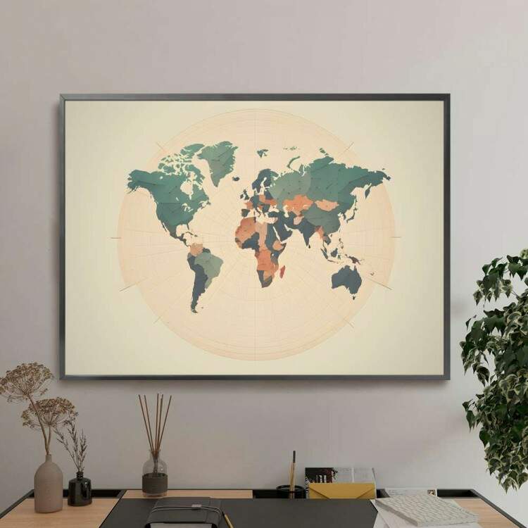 Quadro Decorativo Mapa do Mundo Estilo Minimalista Fundo Bege