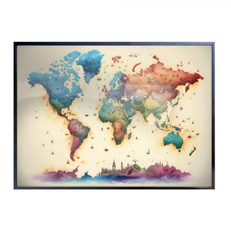 Quadro Decorativo Mapa do Mundo Estilo Pintura Repleto de Cores