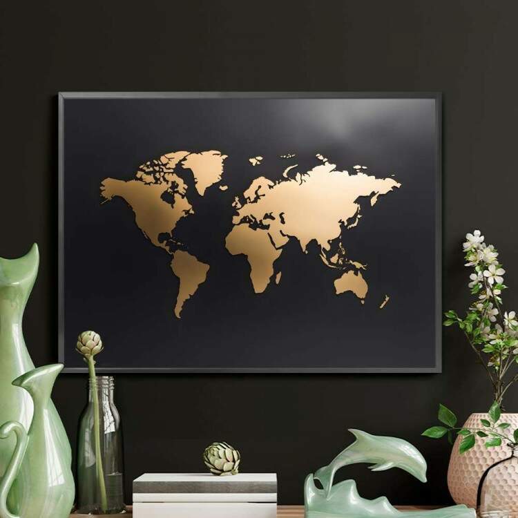 Quadro Decorativo Mapa do Mundo Minimalista em Tom Dourado Fundo Preto