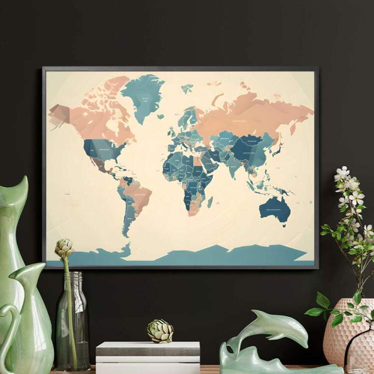 Quadro Decorativo Mapa do Mundo Minimalista em Tons de Bege e Azul