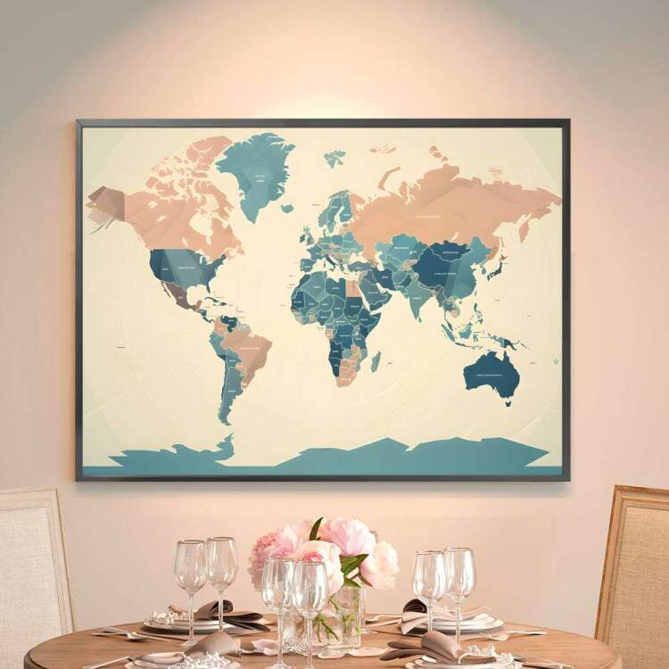 Quadro Decorativo Mapa do Mundo Minimalista em Tons de Bege e Azul