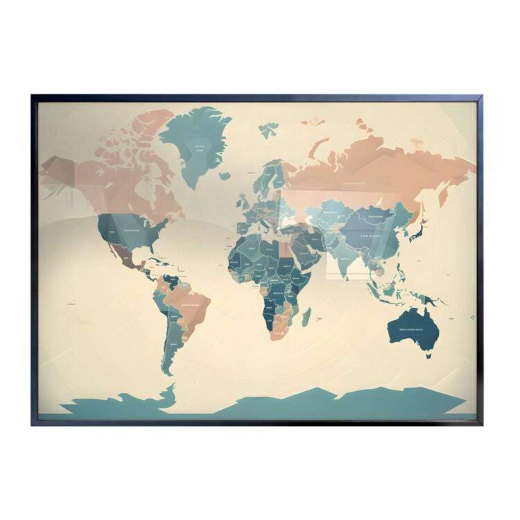 Quadro Decorativo Mapa do Mundo Minimalista em Tons de Bege e Azul