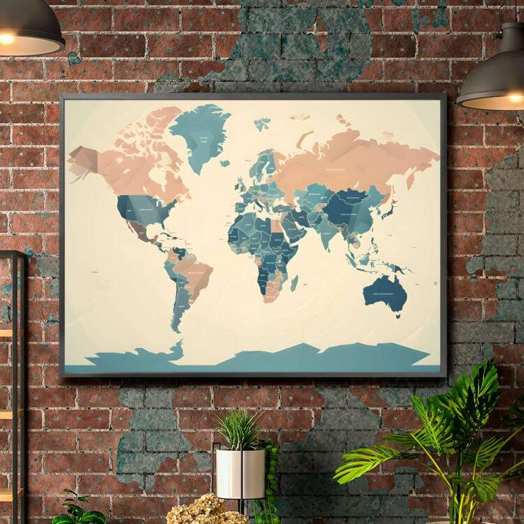 Quadro Decorativo Mapa do Mundo Minimalista em Tons de Bege e Azul