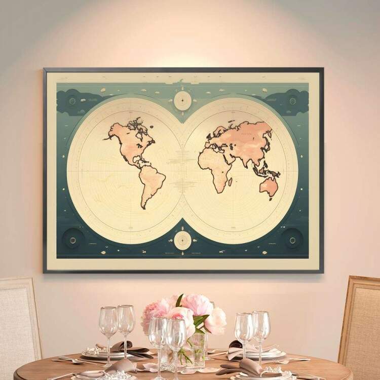 Quadro Decorativo Mapa do Mundo Sol e Lua Mapeados