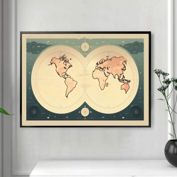 Quadro Decorativo Mapa do Mundo Sol e Lua Mapeados