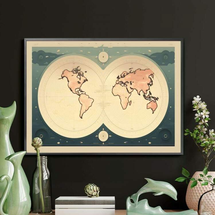 Quadro Decorativo Mapa do Mundo Sol e Lua Mapeados