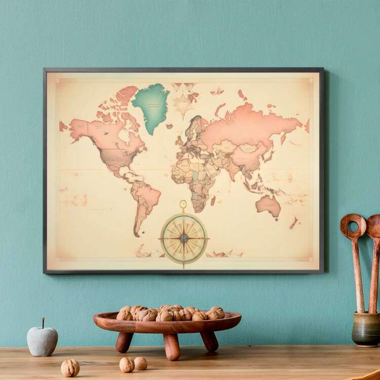 Quadro Decorativo Mapa-Mndi com Bssola em Cores Pastis