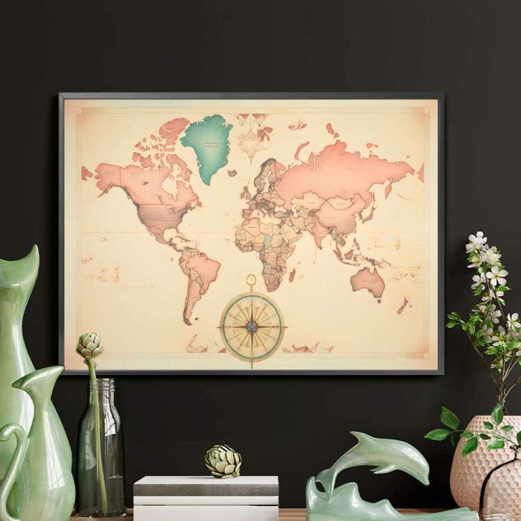 Quadro Decorativo Mapa-Mndi com Bssola em Cores Pastis