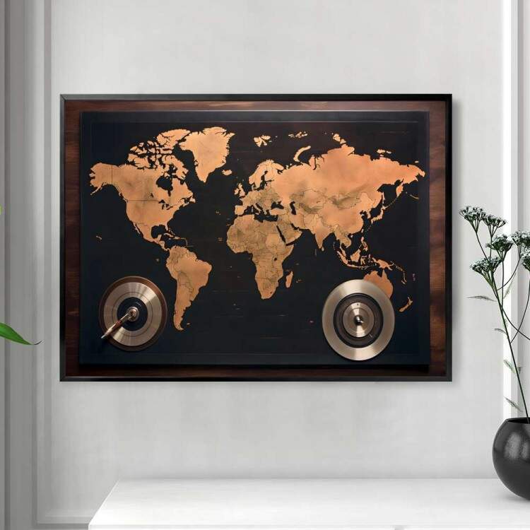 Quadro Decorativo Mapa-Mndi Estilo Retr e Disco de Vinil Estilo 3D