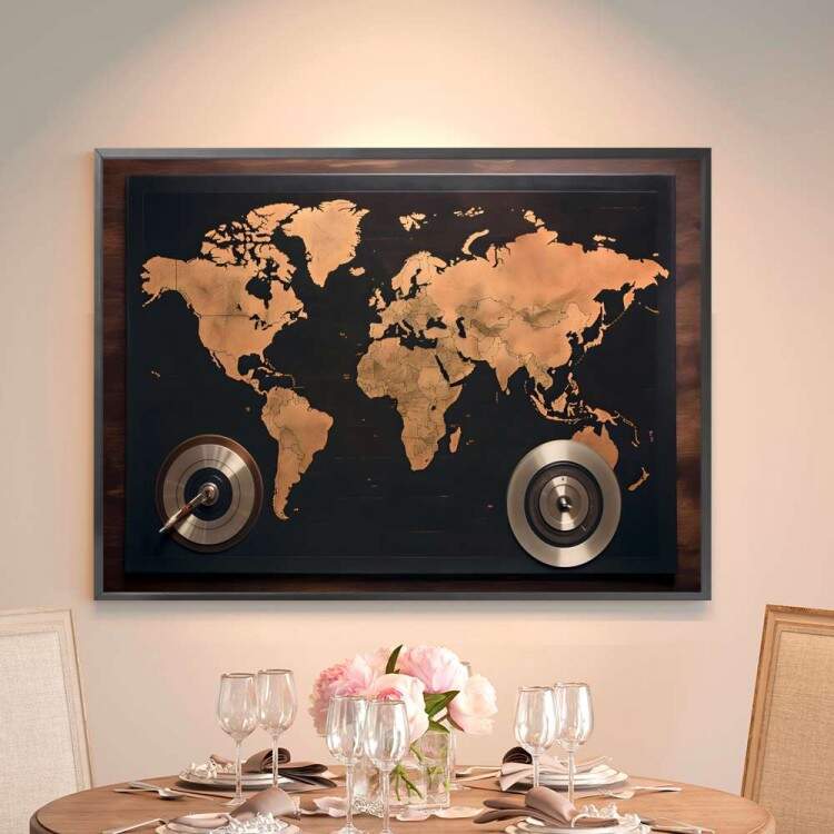 Quadro Decorativo Mapa-Mndi Estilo Retr e Disco de Vinil Estilo 3D