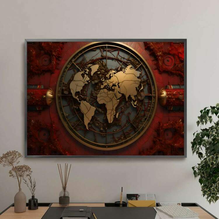 Quadro Decorativo Mapa-Mndi Estilo Steampunk Tons de Dourado e Vermelho