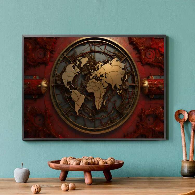 Quadro Decorativo Mapa-Mndi Estilo Steampunk Tons de Dourado e Vermelho