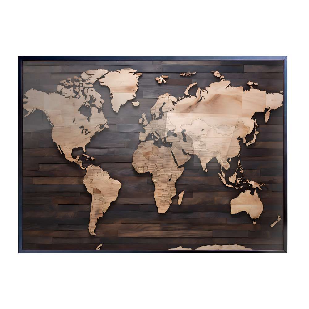 Quadro Decorativo Mapa-Mndi Rstico Estilo 3D em Madeira