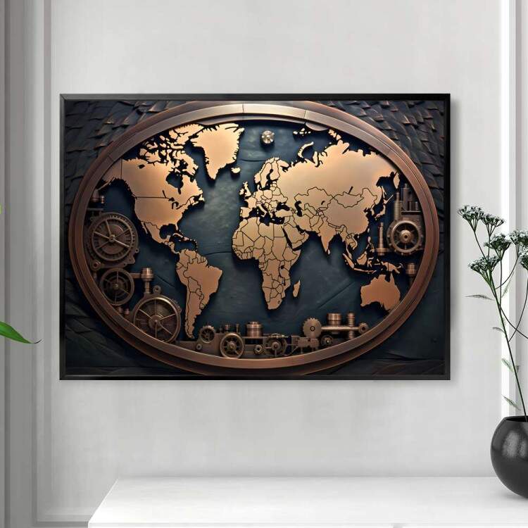 Quadro Decorativo Mapa-Mndi Rstico Vintage Estilo 3D