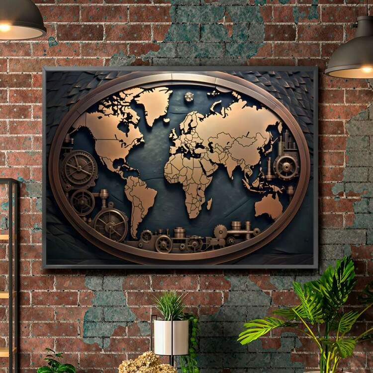 Quadro Decorativo Mapa-Mndi Rstico Vintage Estilo 3D