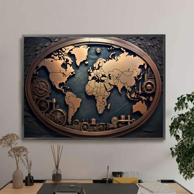 Quadro Decorativo Mapa-Mndi Rstico Vintage Estilo 3D