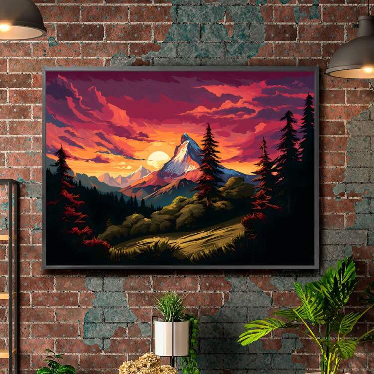 Quadro Decorativo Desenho de Paisagem Esbelta com Pr do Sol Iluminando Montanhas