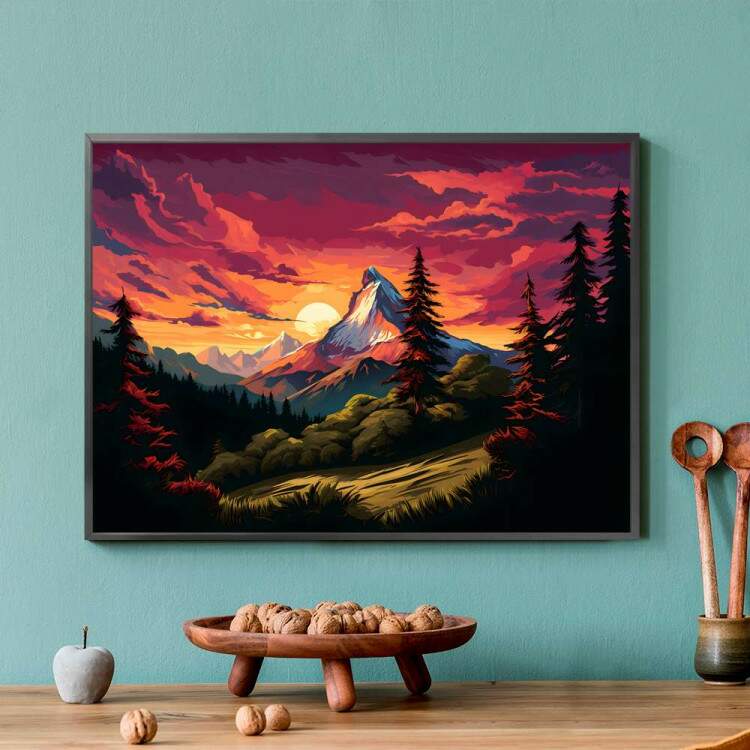 Quadro Decorativo Desenho de Paisagem Esbelta com Pr do Sol Iluminando Montanhas