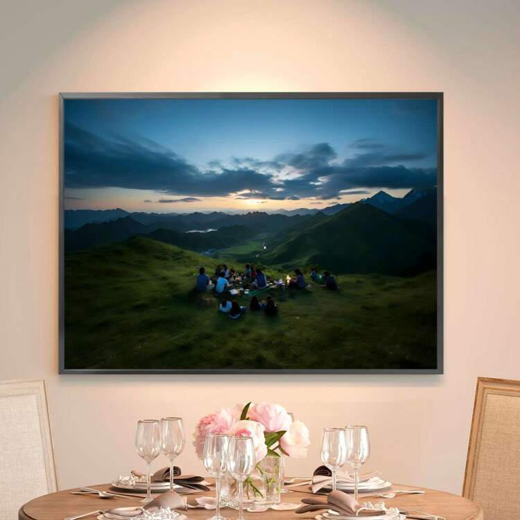 Quadro Decorativo Paisagem Amigos Reunidos em Topo de Montanha