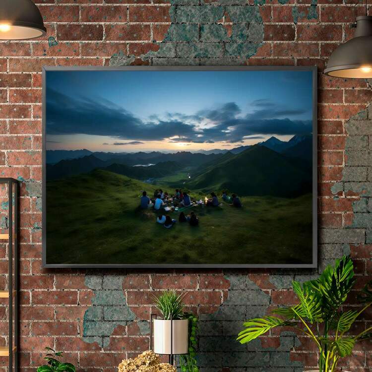 Quadro Decorativo Paisagem Amigos Reunidos em Topo de Montanha