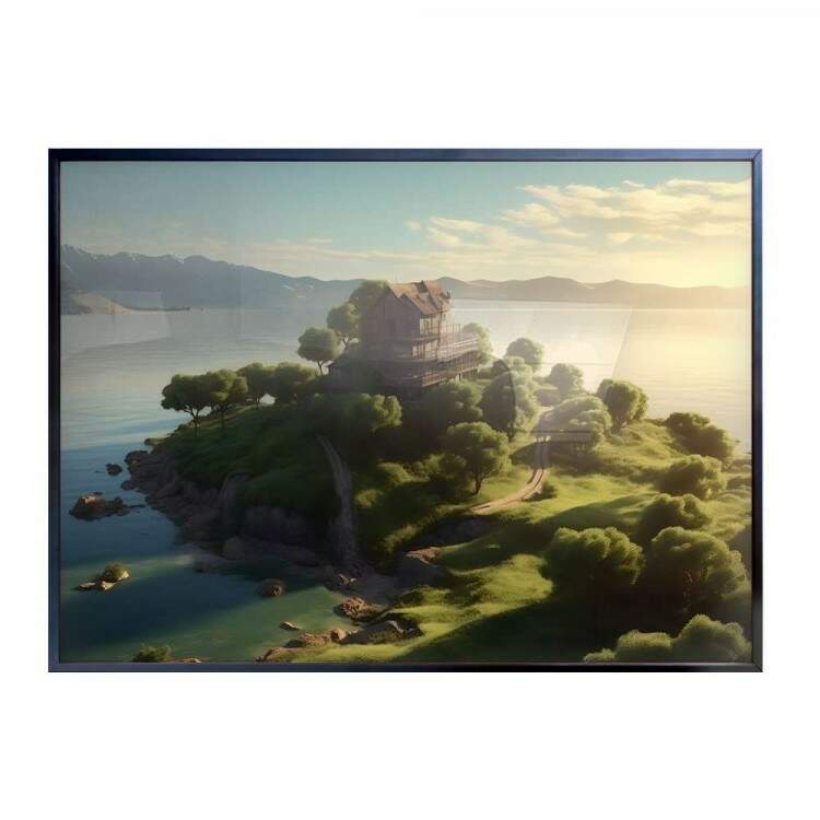 Quadro Decorativo Paisagem Chal em Ilha Deslumbrante Repleta de rvores com Fundo de Nascer do Sol