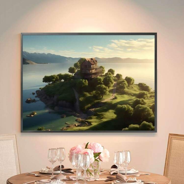 Quadro Decorativo Paisagem Chal em Ilha Deslumbrante Repleta de rvores com Fundo de Nascer do Sol