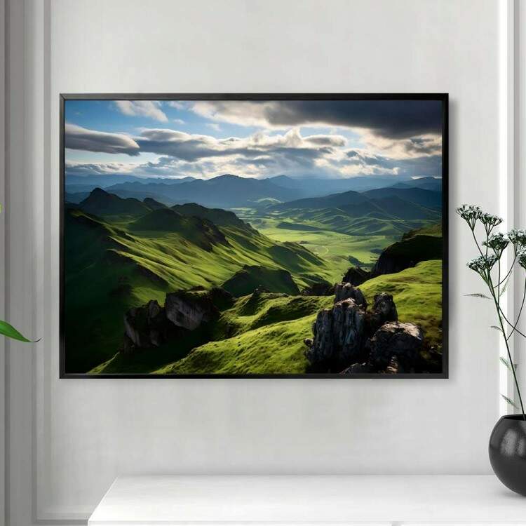 Quadro Decorativo Paisagem de Montanhas com Cu Cheio de Nuvens