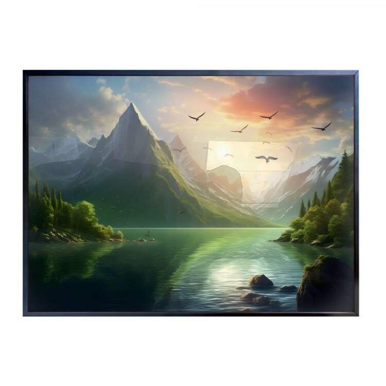 Quadro Decorativo Paisagem de Pssaros Voando e Montanha Refletindo em Lindo Rio Transmitindo Paz