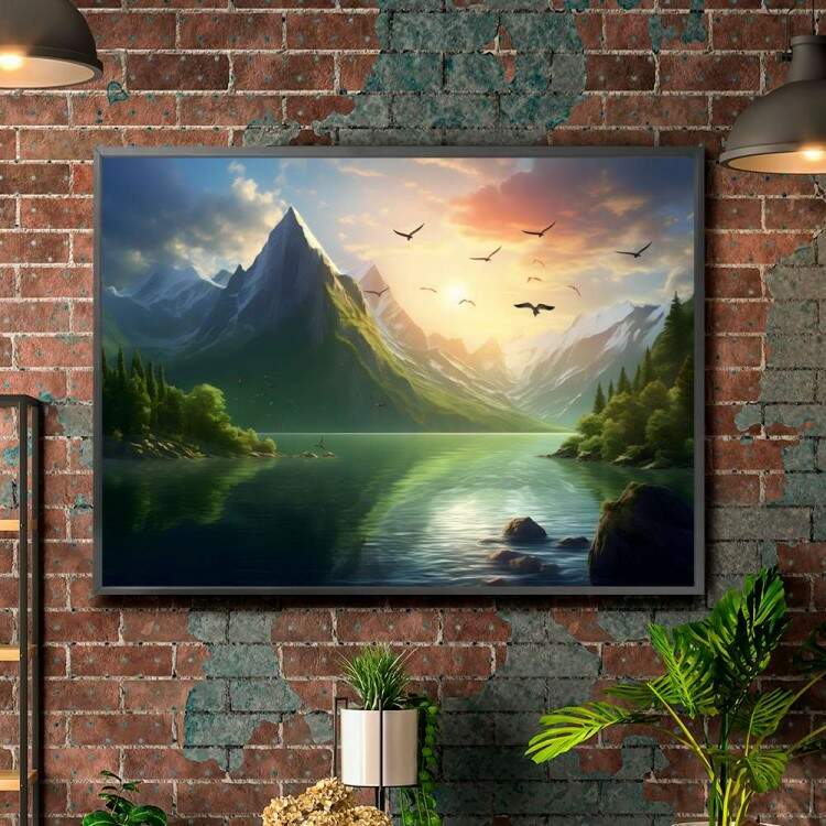 Quadro Decorativo Paisagem de Pssaros Voando e Montanha Refletindo em Lindo Rio Transmitindo Paz