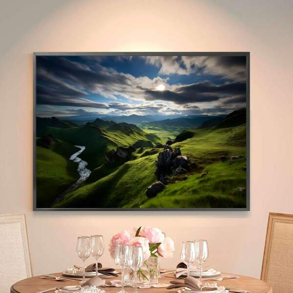 Quadro Decorativo Paisagem Montanhosa com Rios e Nuvens