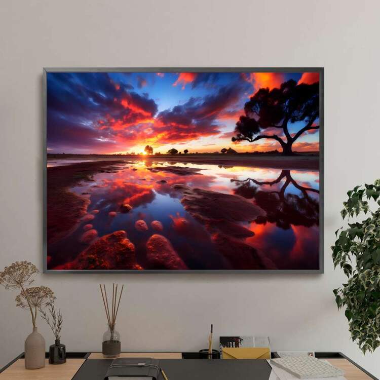 Quadro Decorativo Paisagem Por do Sol Iluminando Rio