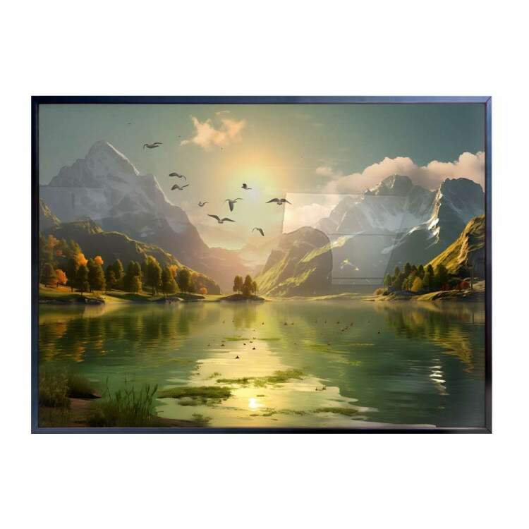 Quadro Decorativo Paisagem Pssaros, Montanhas e Florestas Refletindo em Rio Transmitindo Paz