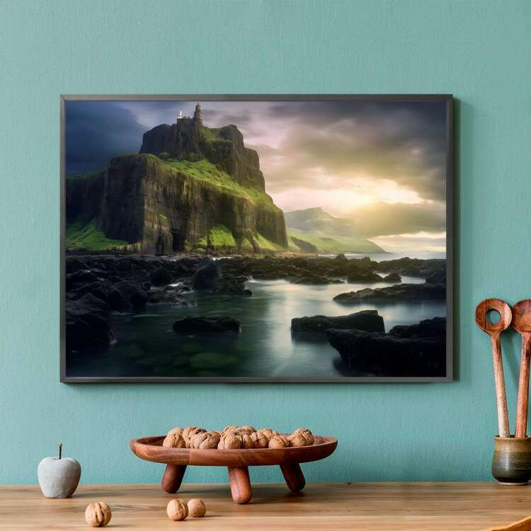 Quadro Decorativo Paisagem Rio com Pedras e Cu Carregado de Nuvens