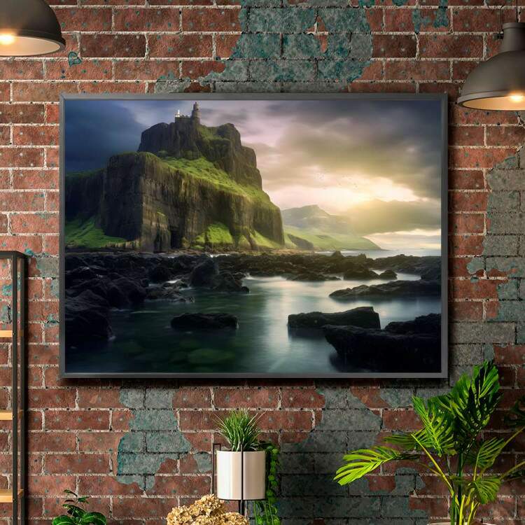 Quadro Decorativo Paisagem Rio com Pedras e Cu Carregado de Nuvens