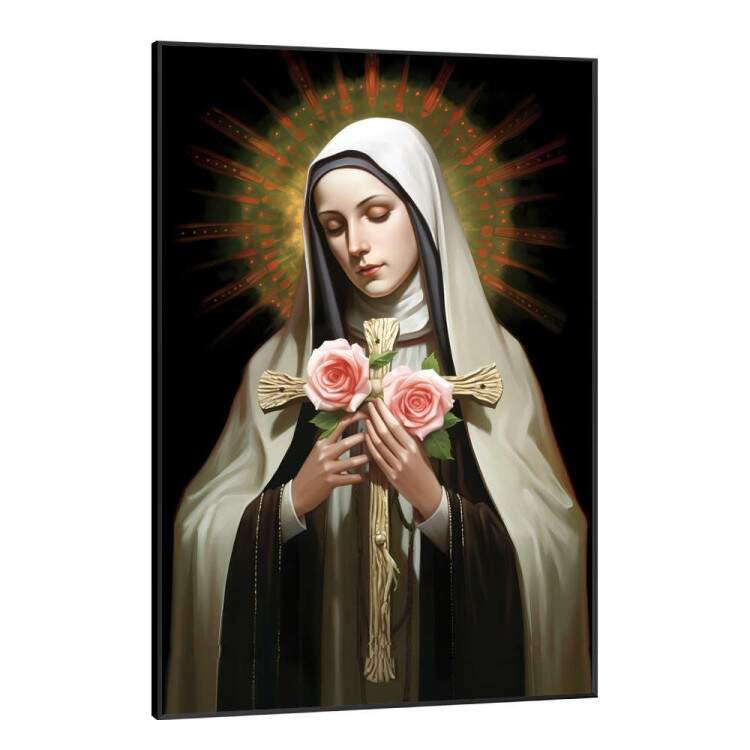 Quadro Decorativo Religioso de Santa Rita com Rosas e seu Manto