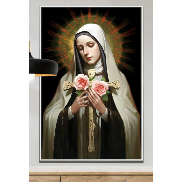 Quadro Decorativo Religioso de Santa Rita com Rosas e seu Manto