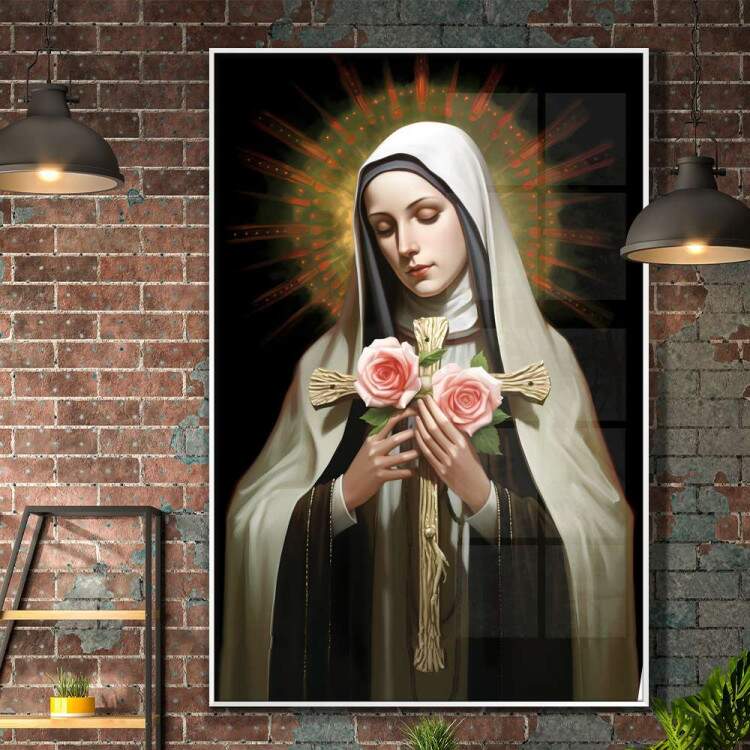 Quadro Decorativo Religioso de Santa Rita com Rosas e seu Manto