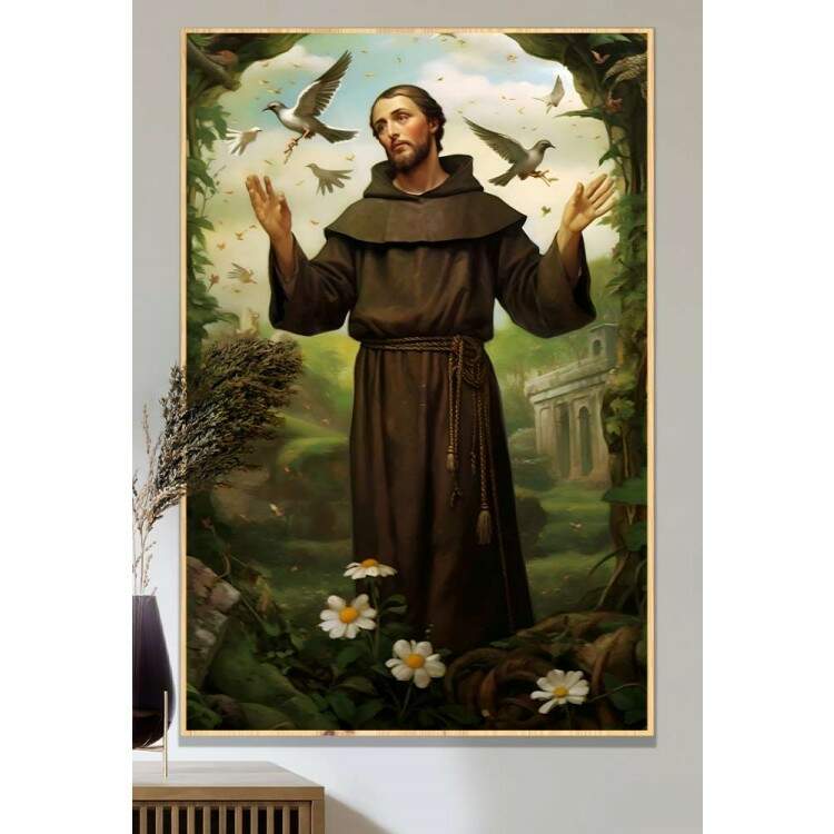 Quadro Decorativo Religioso de So Francisco Repleto de Passros