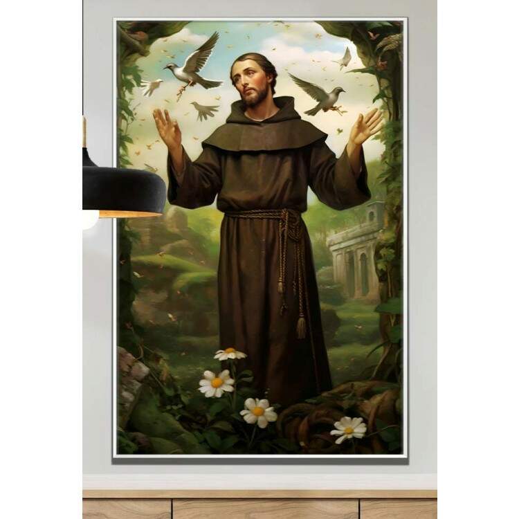 Quadro Decorativo Religioso de So Francisco Repleto de Passros