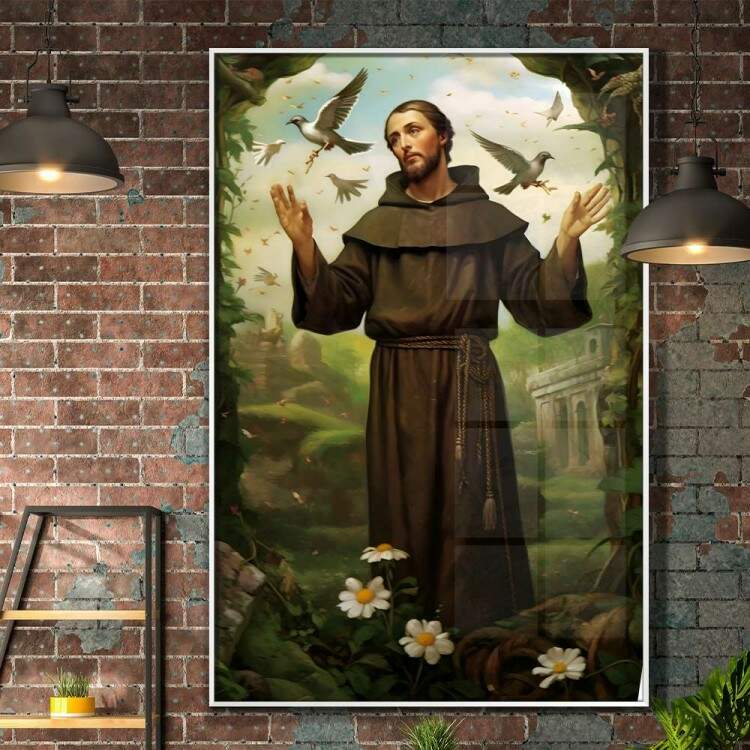 Quadro Decorativo Religioso de So Francisco Repleto de Passros