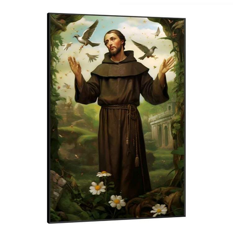 Quadro Decorativo Religioso de So Francisco Repleto de Passros