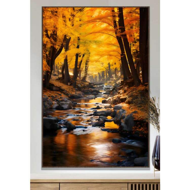 Quadro Decorativo Paisagem rvores na Primavera Refletindo em Rio com Pedras