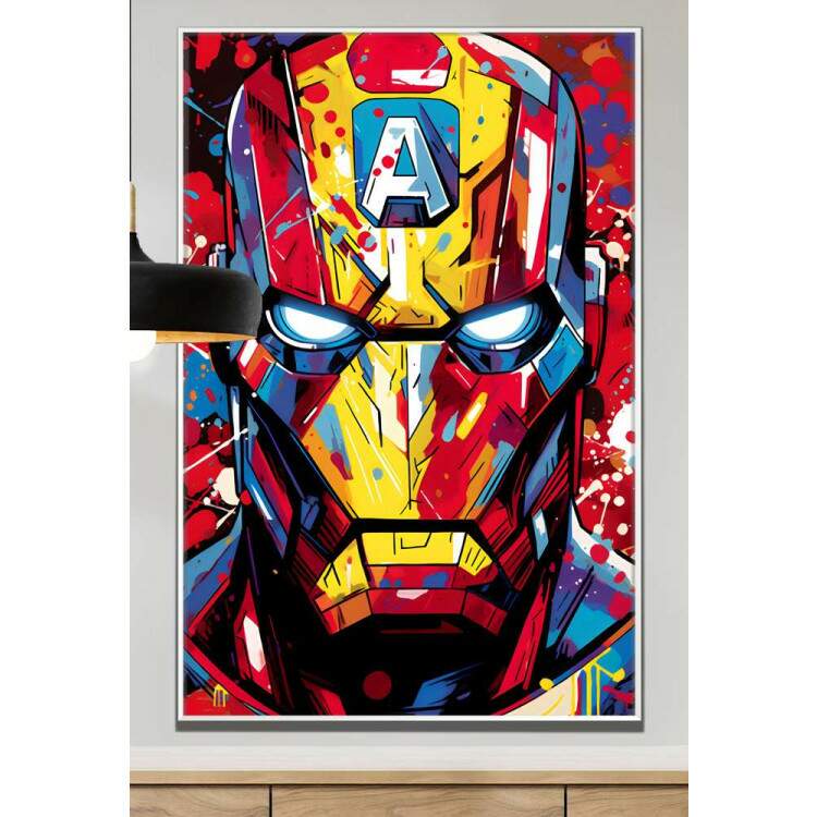 Quadro Decorativo Pop Art Inspirado em Homem de Ferro Repleto de Tinta Colorida