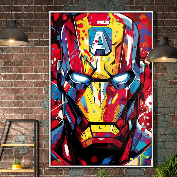 Quadro Decorativo Pop Art Inspirado em Homem de Ferro Repleto de Tinta Colorida